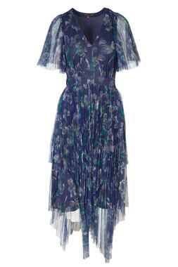 Marchesa Voyage Iris Blue Sheer Pleated Floral Print V-Neck Midi Dress 2